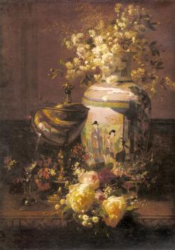 Jean-Baptiste Robie : Still Life With Japanese Vase And Flowers